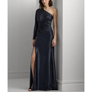 Lauren Ralph Lauren Women's Metallic Knit One-Shoulder Gown Dress Navy Size 6